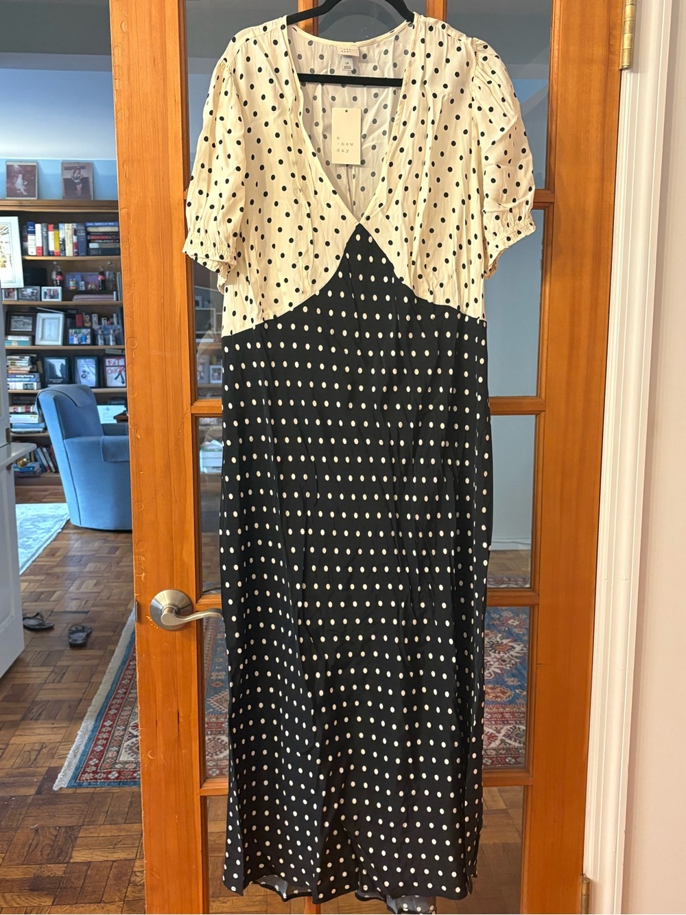 a new day Black and White Polka Dot V-Neck Midi Dress with Short Sleeves